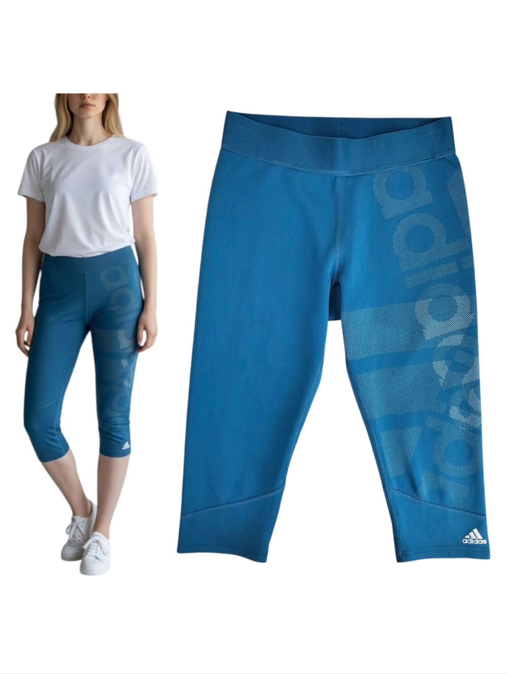 Adidas Climalite Blue Capri Leggings Graphic Logo Spellout Activewear Sport M